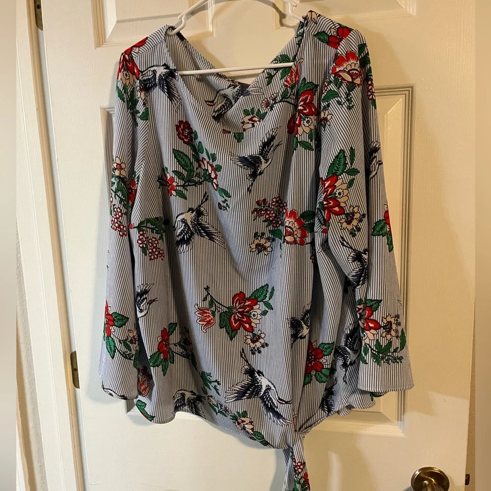 Floral Crane Striped Blouse Sz 2X - Picture 2 of 8